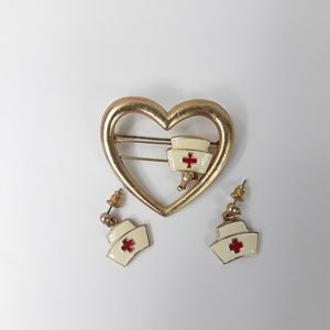 Vintage  Enamel Nurse Cap Brooch  and Earring Set